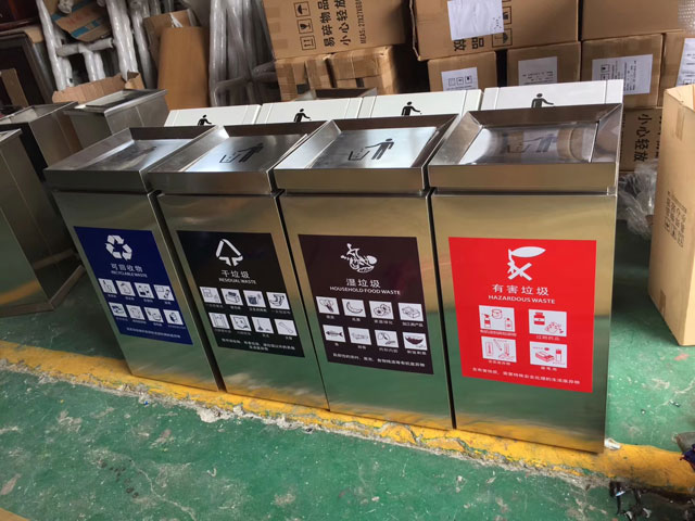 商场垃圾桶-商场不锈钢垃圾桶4分类干湿垃圾桶组合图