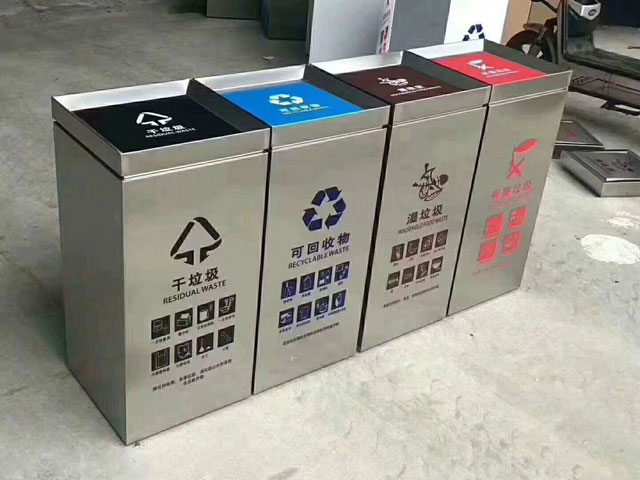 商场垃圾桶-商场不锈钢垃圾桶4分类干湿垃圾桶组合图