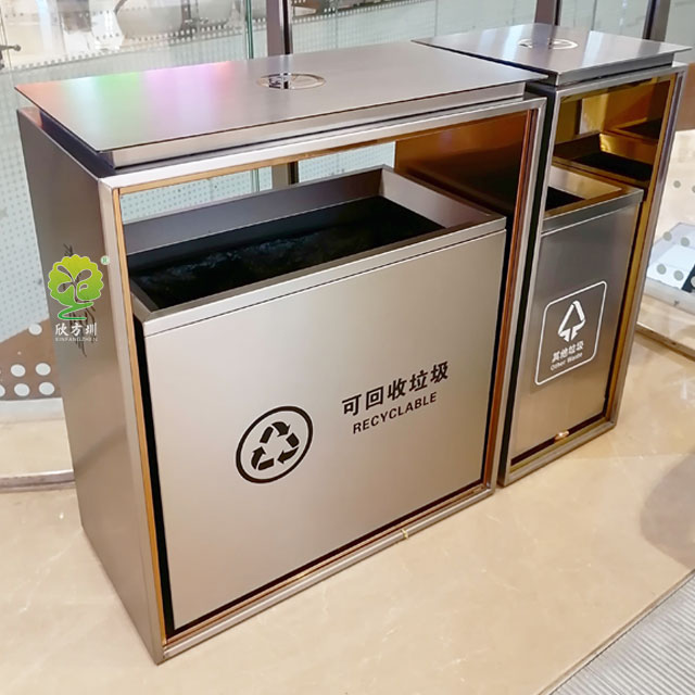 大型购物中心室内新款不锈钢滑轨式分类垃圾桶组合