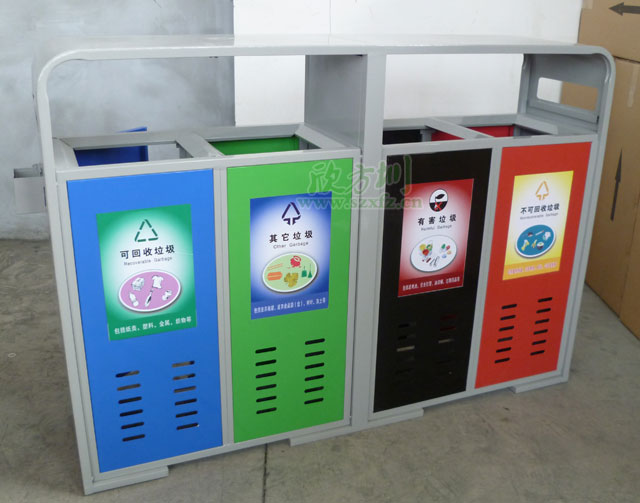 乐山万人小区户外钢制四分类垃圾桶欣方圳工厂成品图