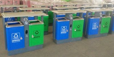 欣方圳户外钢制环保分类垃圾桶工厂批量生产图