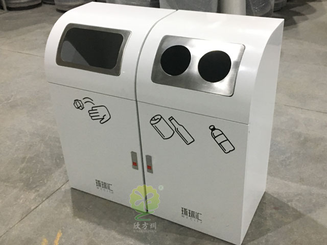 购物中心室内三分类垃圾箱果皮箱定制厂家各角度成品图展示
