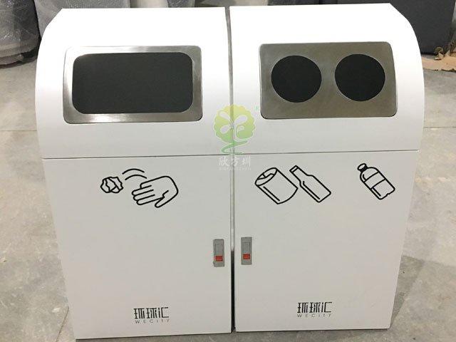 购物中心室内三分类垃圾箱果皮箱定制厂家各角度成品图展示