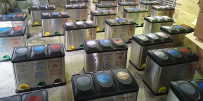 欣方圳室内客房三分类不锈钢脚踏垃圾桶批量生产图