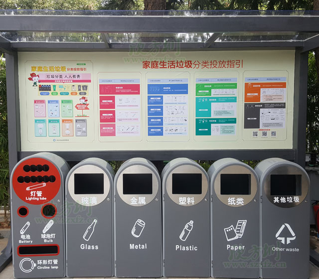深圳机关单位新款六分类玻金塑纸垃圾分类收集容器户外摆放图